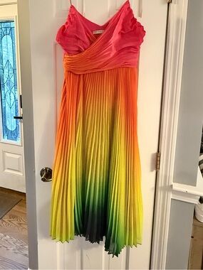 Trina Turk Pink to Green Ombre Pleated Midi Dress